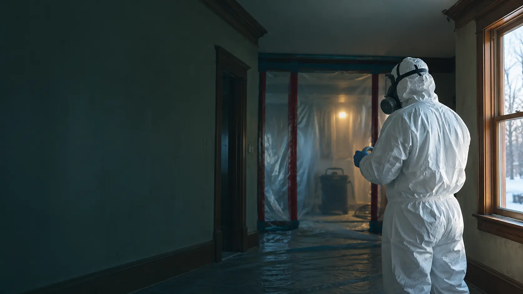 Asbestos abatement technician in protective suit and respirator inside a contained work area